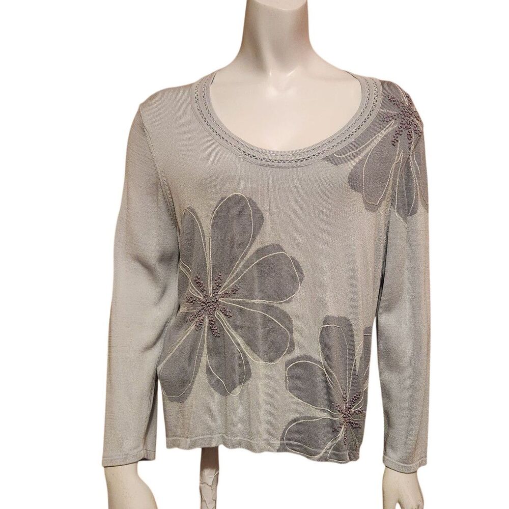 SIGRID OLSEN Gray Floral Scoop Neck Sweater Womens Size Large